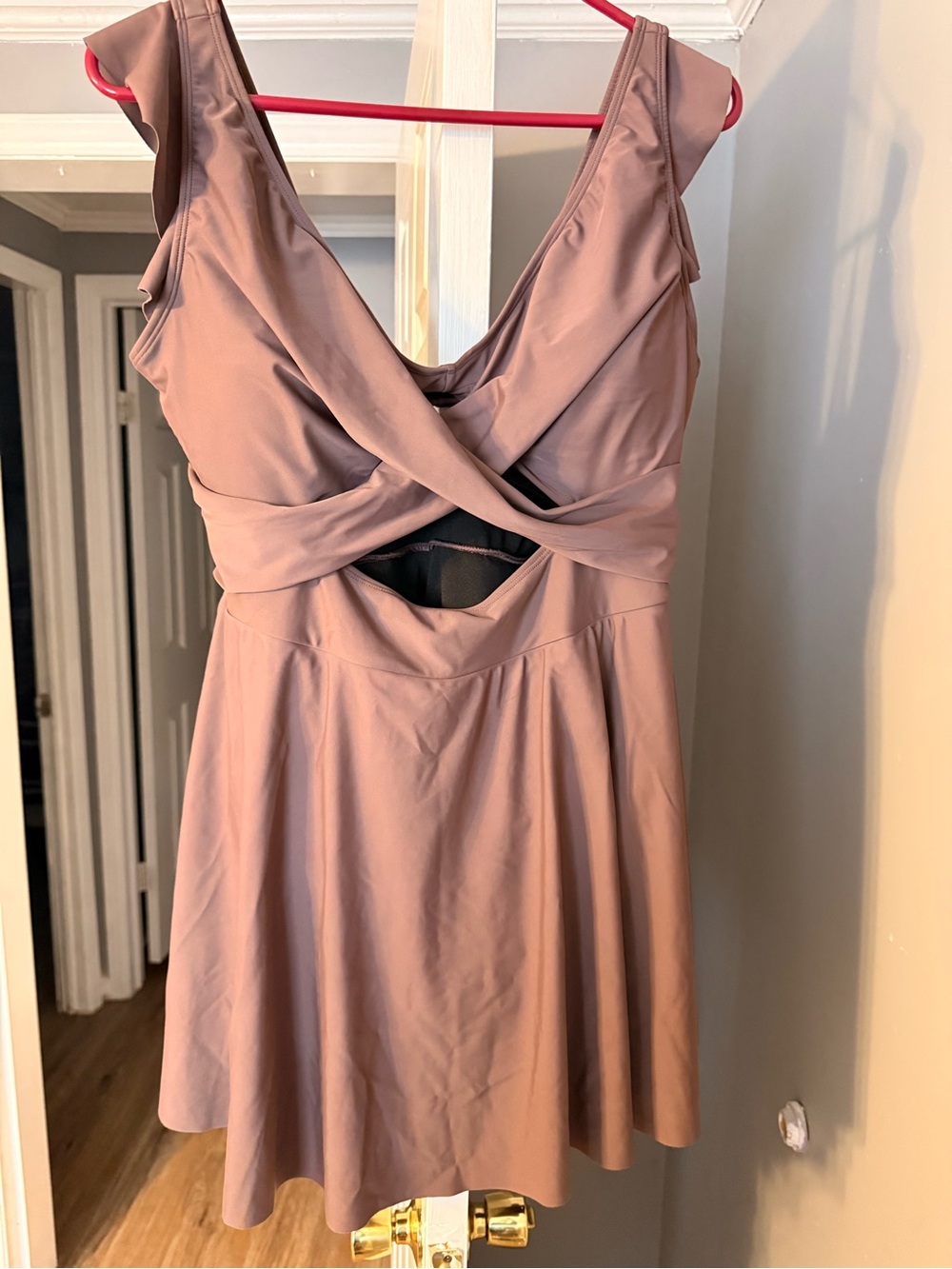 Twist-Front One-Piece Swimdress in Mauve Pink